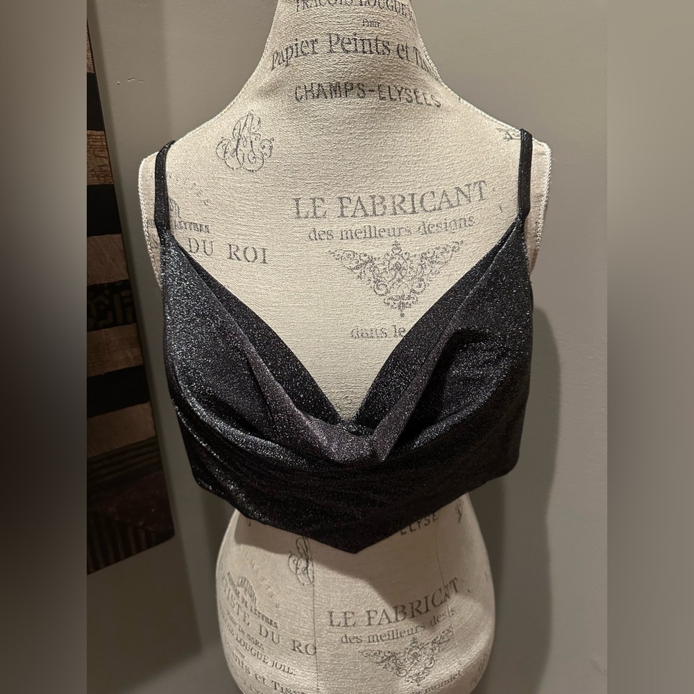 NWT Bar III Black/Silver Sparkly Bralette with Cowl Overlay